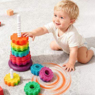 Non-Toxic Children'S Stacked Rainbow Tower Colorful Rotating Gear Ring Large Size Building Blocks Puzzle Educational Toys 1-3 Years