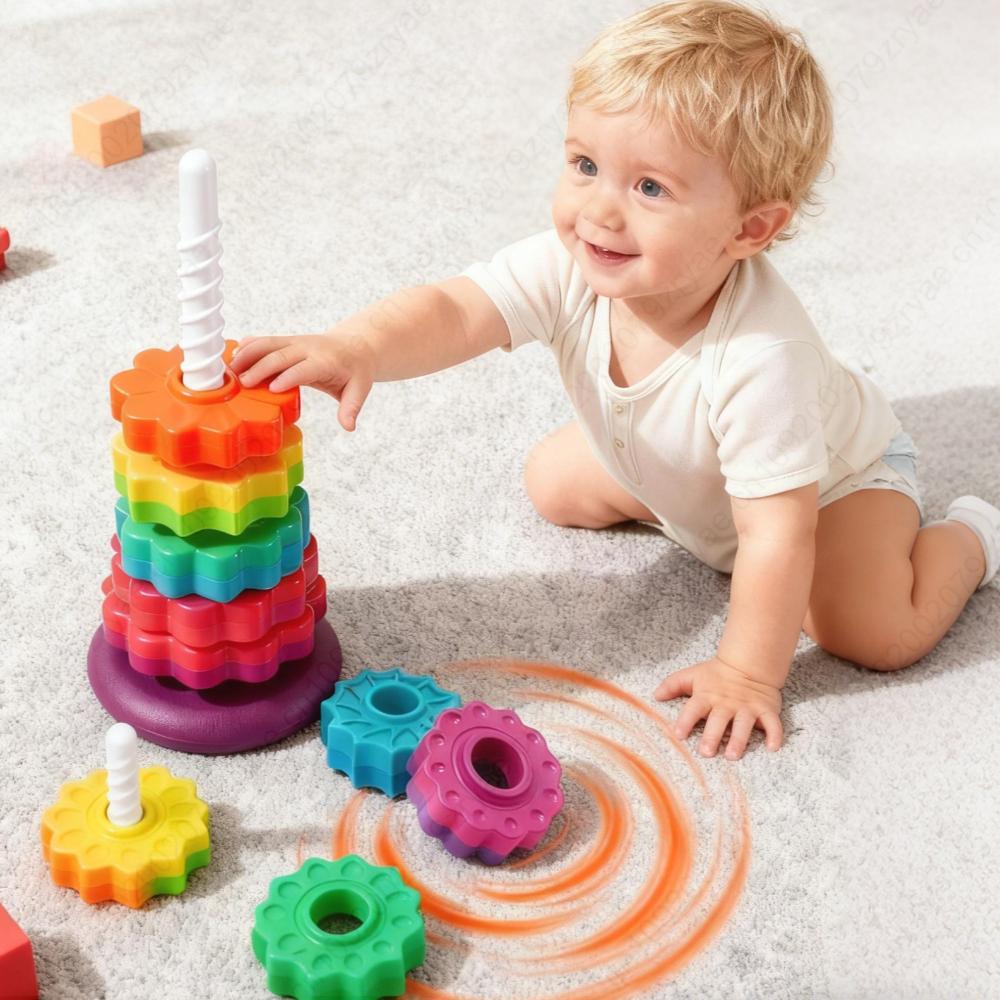 Children's Stacked Rainbow Tower Colorful Rotating Gear Ring Large Dimension Construction Bricks Puzzle Learning Playthings 1-3 Years