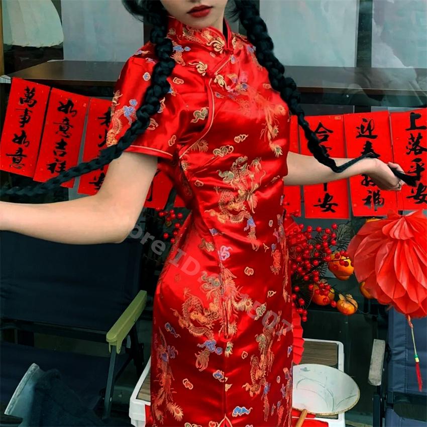 Oversize Qipao Red Dragon Mini Cheongsam Women Satin Vestidos Chinese Style Dresses Vintage Mandarin Collar Qipao