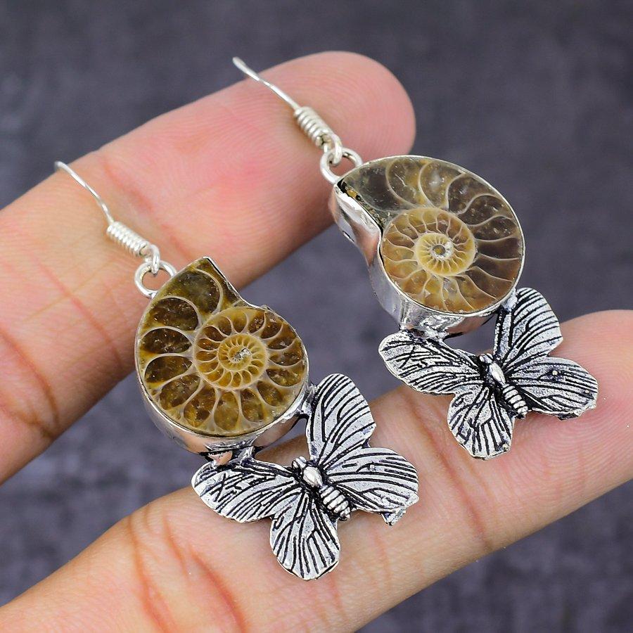 Ammonite Fossil Gemstone Handmade 925 Sterling Silver Jewelry Earring 2.17" N6J51