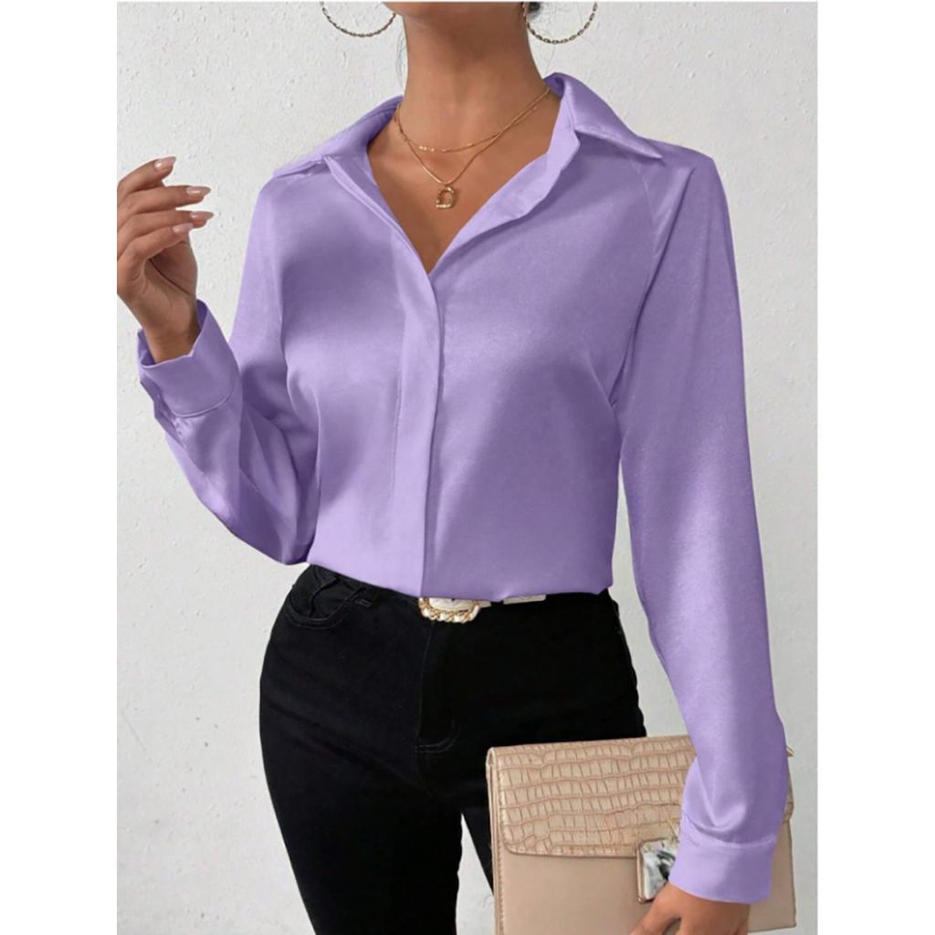 Satin Imitation Silk Long Sleeved Solid Color Women's Shirts