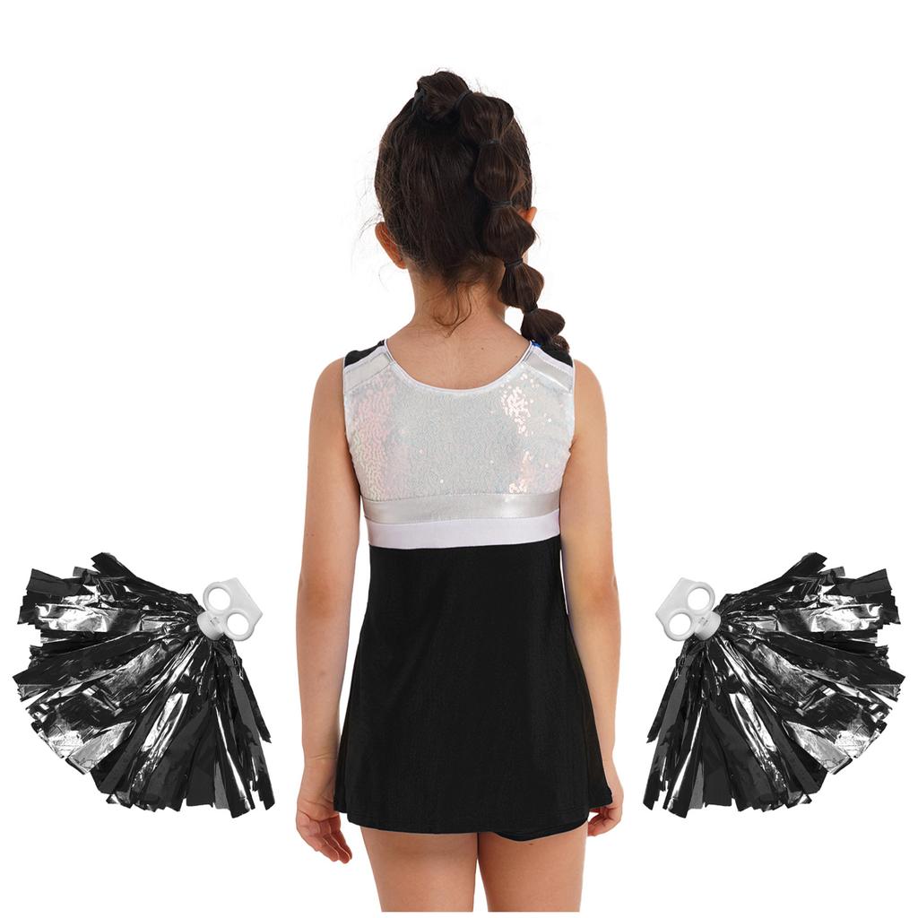 Girls Cheerleading Outfit Shiny Sequins Dress Matching Shorts Flower Ball Accessories Performance Set