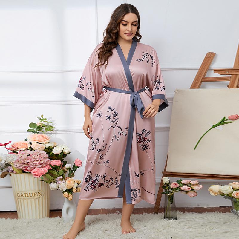 Übergröße Satin Sommer Pyjama & Bademantel Set für Damen - Leichter Luxus Eisseide