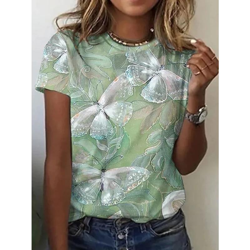 Summer Round Neck 3D Butterfly Print Top Fashionable Casual Short Sleeved Women's T-shirts