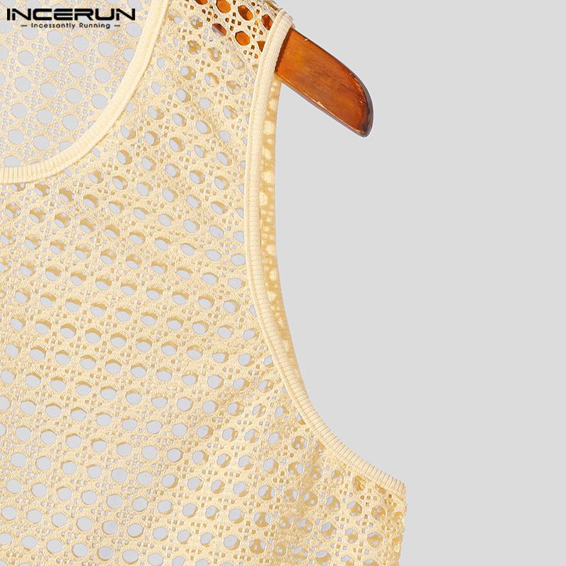 INCERUN Men Summer Hollow Sleeveless Vest Casual Loose Party Beach Net Yarn Tank Tops
