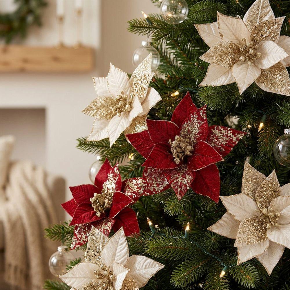Sparkling Artificial Poinsettia Flower Velvet Fabric Xmas Floral Pick Accessory  Christmas Party