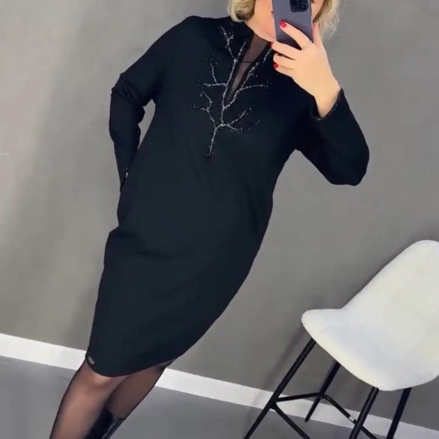 2024 European & American Plus Size Stylish Black Long Sleeve Round Neck Dress