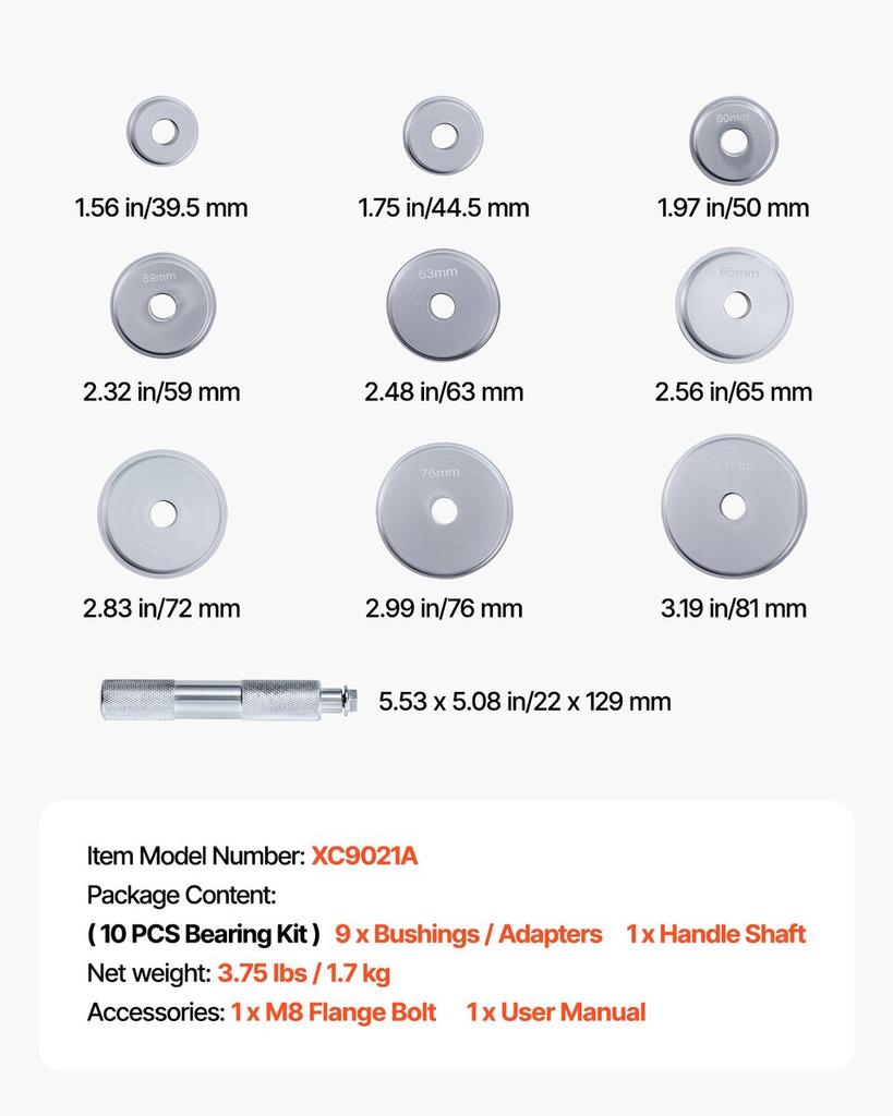 Bearing Press Kit, 10 Pcs, Bearing Race and Seal Driver Set with 9 Bushings and Handle Shaft, Bushing Driver Tool Set, Heavy Duty Aluminum Alloy
