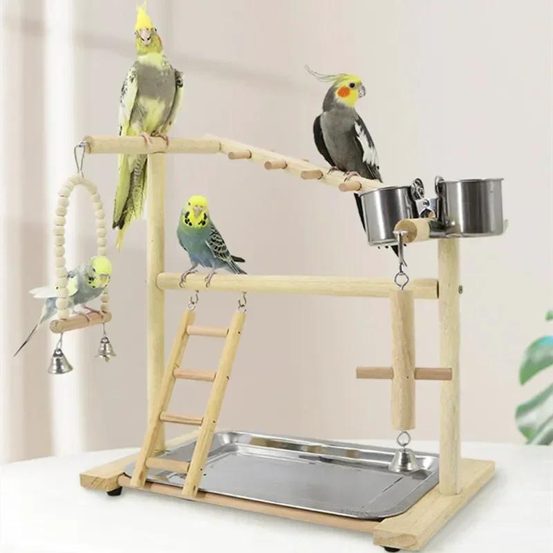 Wooden Bird Playstand Gym - Parrot Cockatiel Playground with Metal Feeder Perch Ladder Plate Interactive Bird Toy for Activity