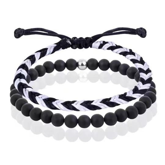 Father's Day Bracelet Set Men's Adjustable Diamond Knot 6mm Volcanic Stone Obsidian Tail Bead Lapis Lapis Bracelet