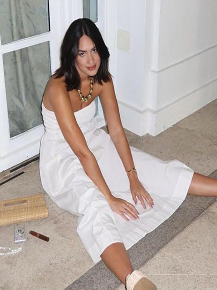 Полосатое платье миди без бретелек — фото 4