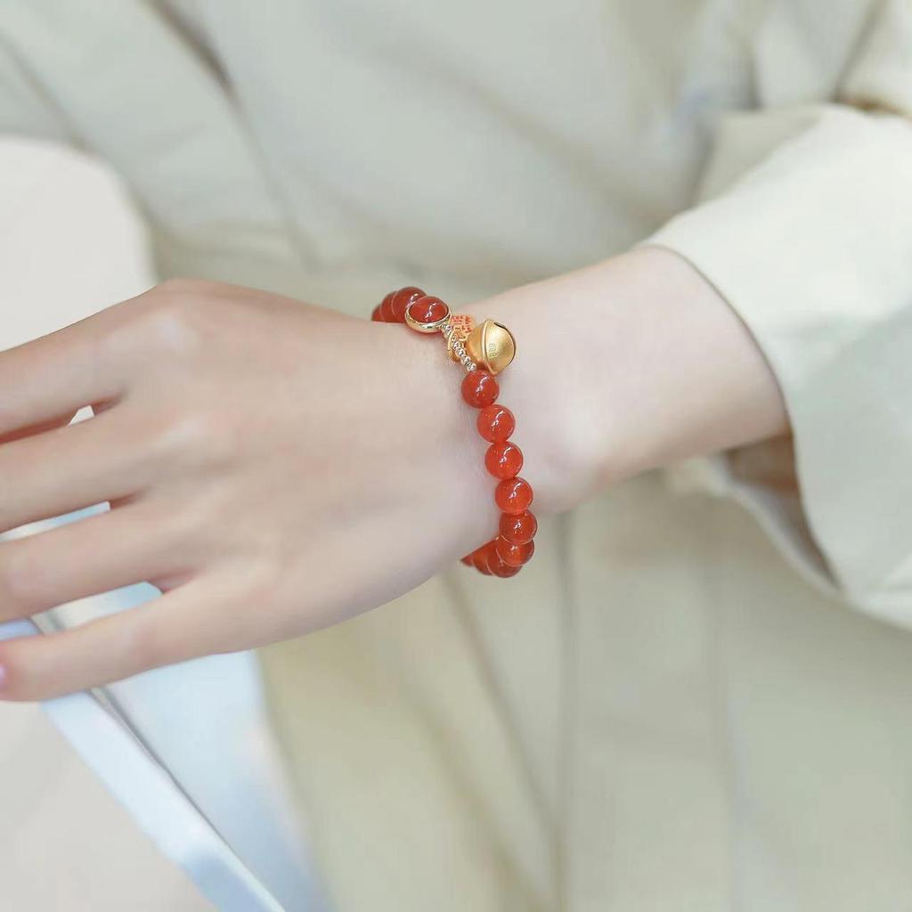 Women's Festive Red Agate and Chalcedony Beaded Bracelet with Bells - Chinese Hanfu Style Accessories