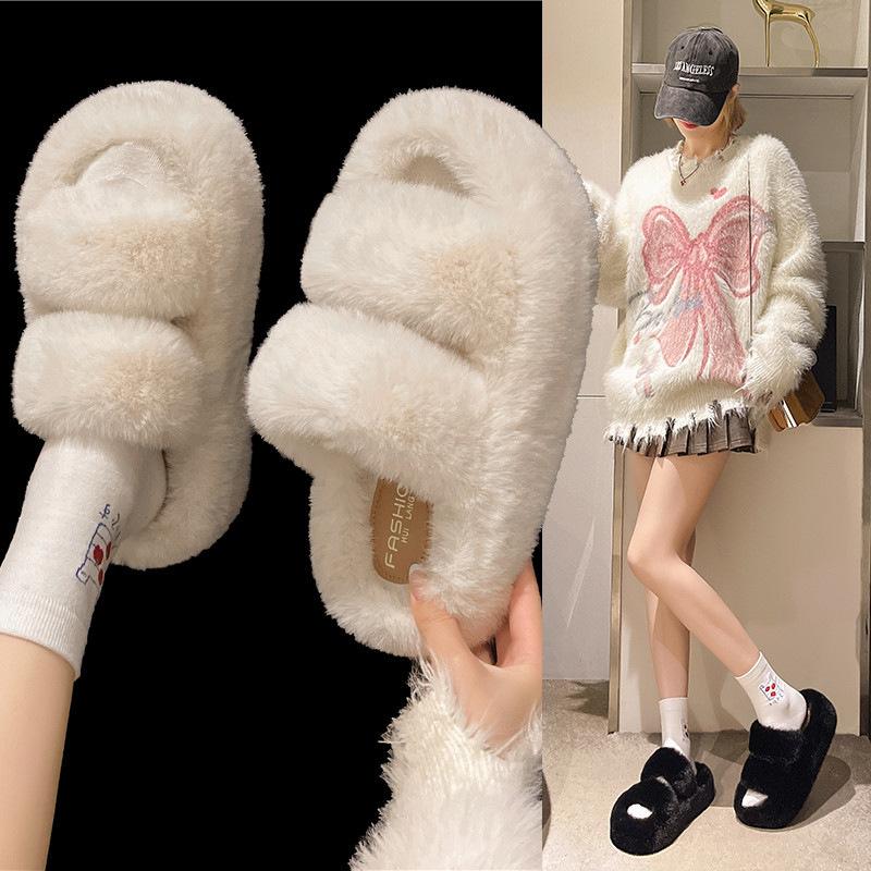 2024 autumn and winter new fluffy slippers women wear large size thick bottom plush office home versatile cotton slippers women