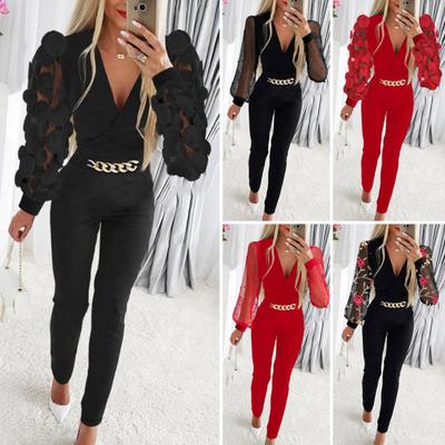 Women Jumpsuit Rose Applique See-through Mesh Chain Decor Slim Fit V Neck High Waist Solid