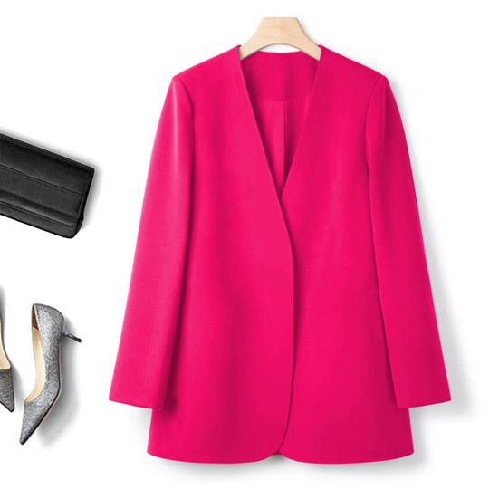Women Suit Coat Collarless Long Sleeve Solid Color Casual Coat Loose Fit No Buttons Cardigan Style Outerwear Work Wear