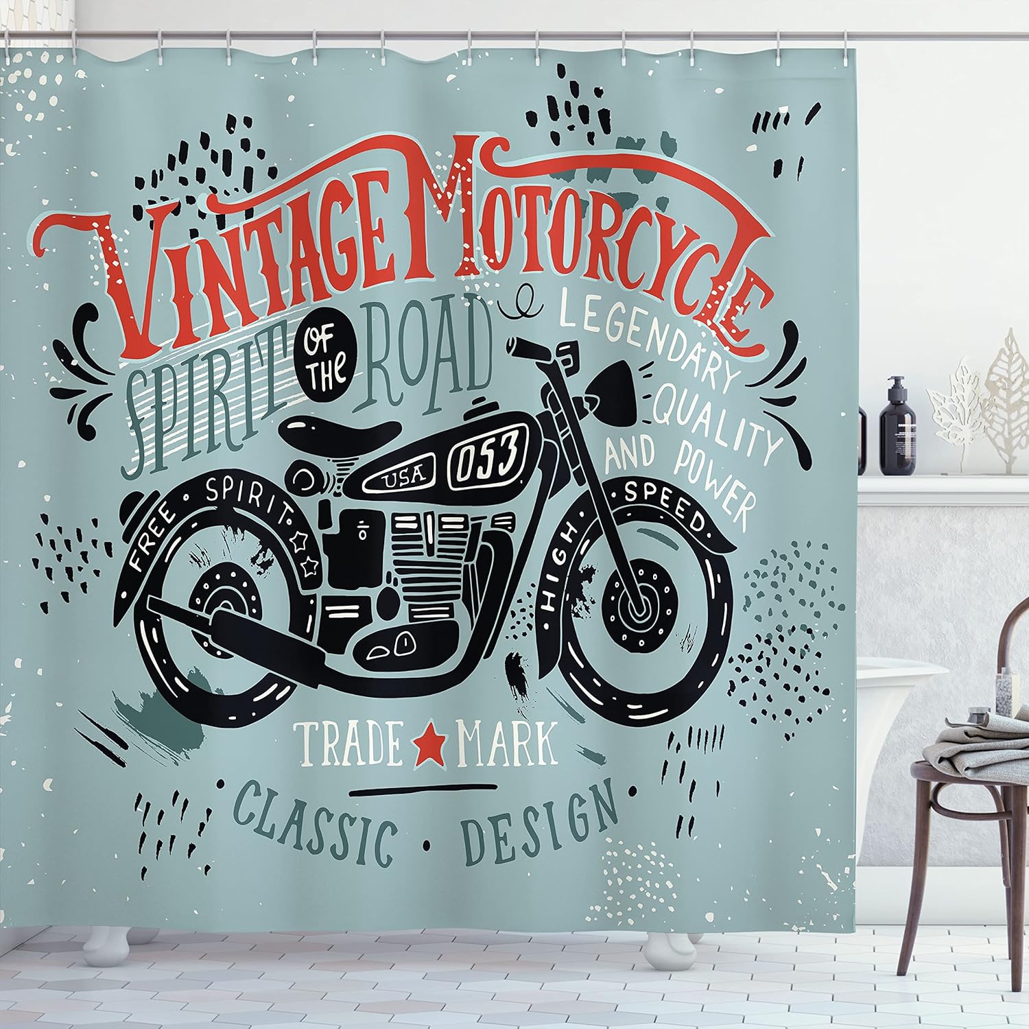 

Vintage Motorcycle Shower Curtain Classic Bike Design Retro Art Linen180X210 W60H190(CM)-1 Pcs