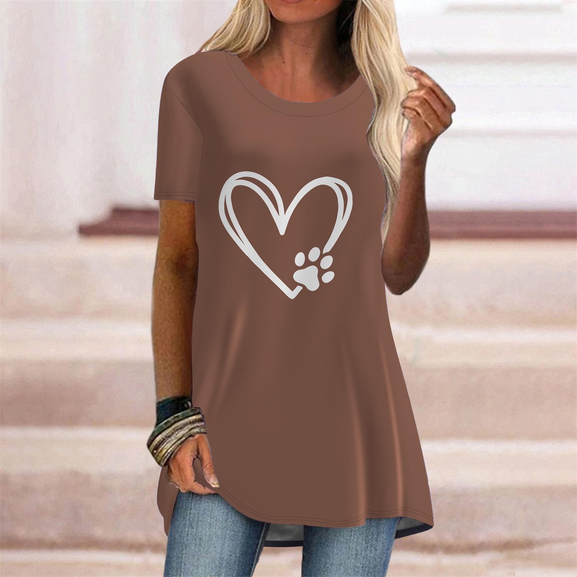 

Женская летняя серая футболка размера плюс с принтом «Любовь», удобная футболка с короткими рукавами и круглым воротником, повседневные мешковатые футболки средней длины 8XL коричневый