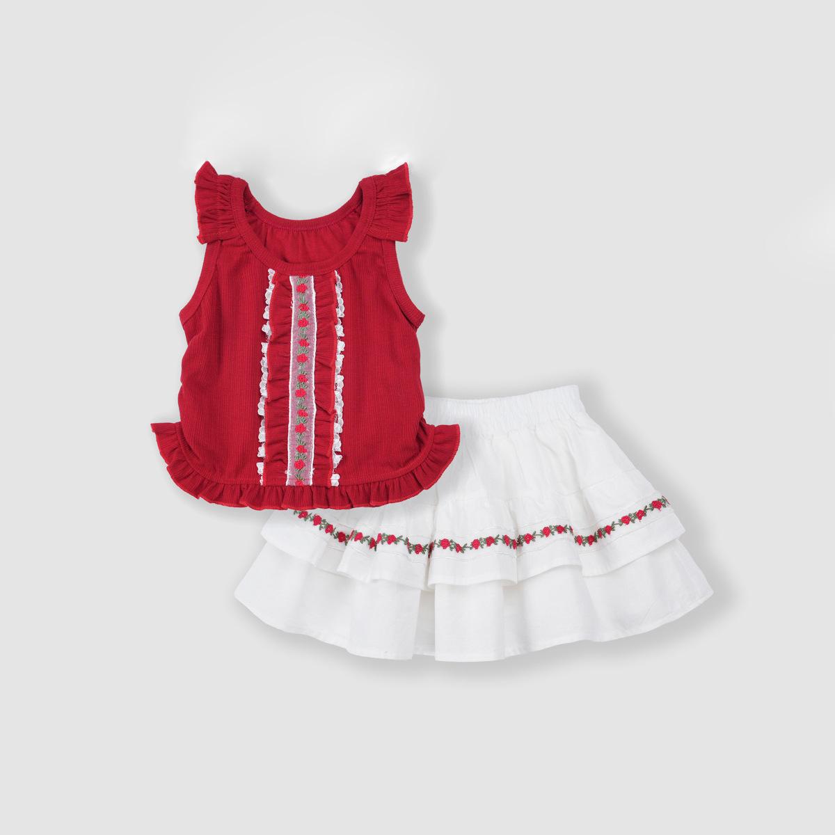 Summer Girls Lace Embroidered Vest And Cake Skirt Set Vacation Two Piece Outfit For Kids 90cm