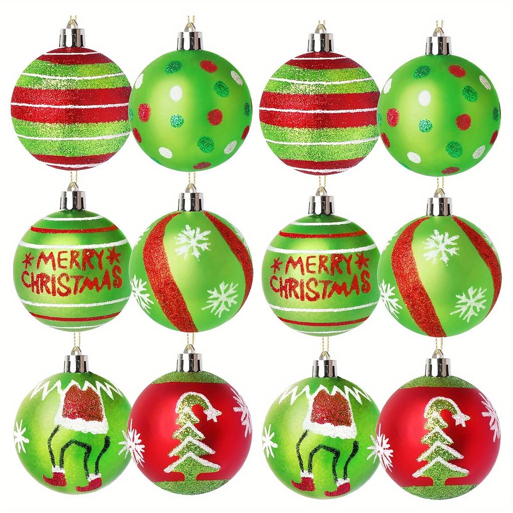 12Pack Festive Christmas Tree Ornaments, 5.99cm Glittering Red,Green Hanging Balls,Contemporary Style Plastic Holiday Decorations for Xmas,No Feather