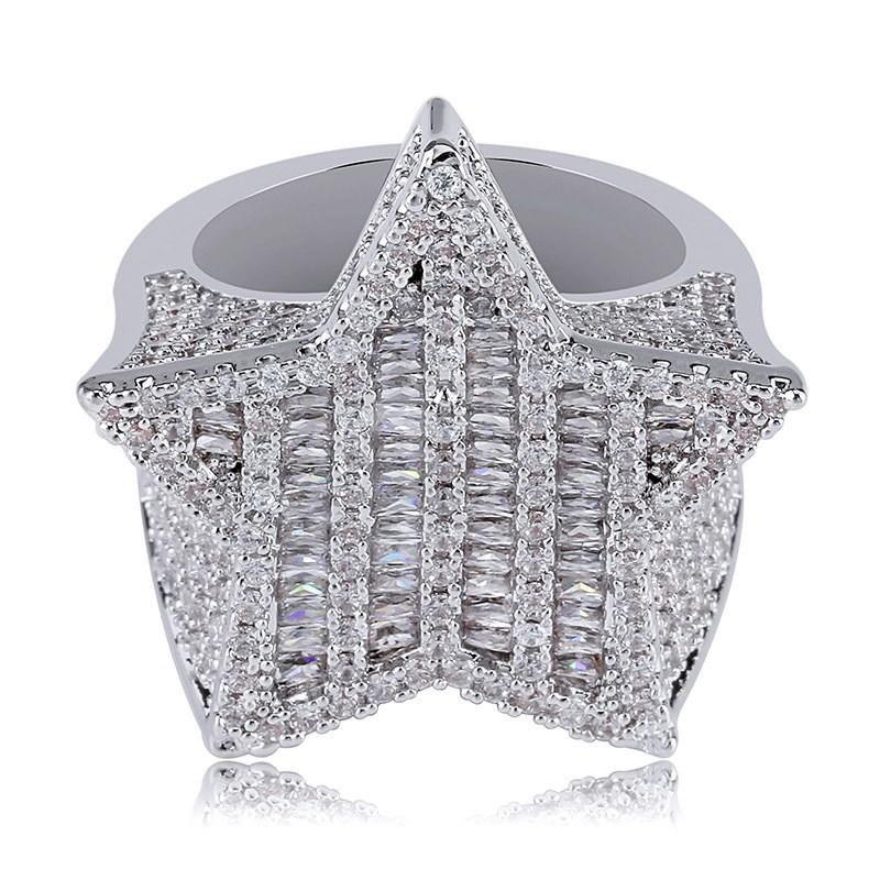 New Star Ring CZ Baguette Gold-Plated Cut Diamond Pentagram Shape Ring Hip-Hop Gold Jewelry