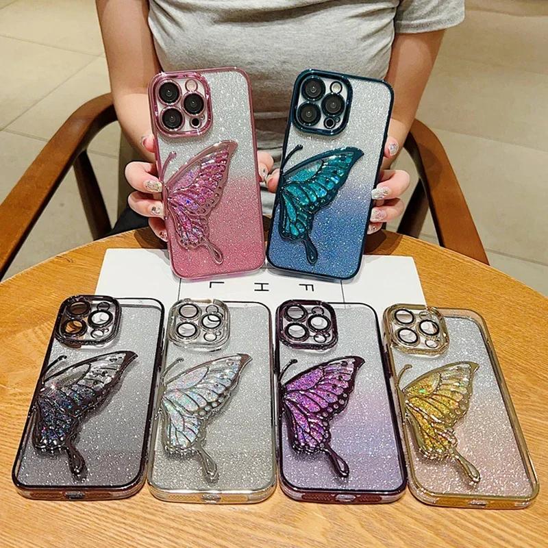 3D Butterfly Glitter Phone Case For iPhone 16 15 14 Plus 13 12 11 Pro Max Electroplated Silicone Soft TPU Shockproof Back Cover