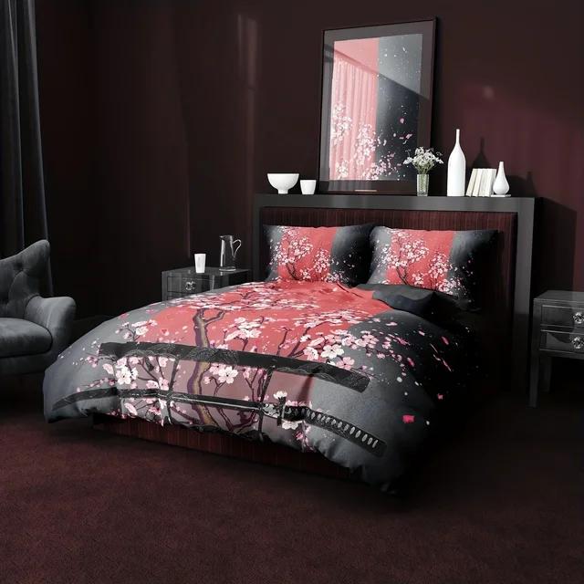 

3-Piece Queen Size Samurai Sword Red Sakura 3D Print Duvet Cover Set - Ultra Soft, Breathable, And Vibrant Bedding With Zipper EU single(135x200cm)