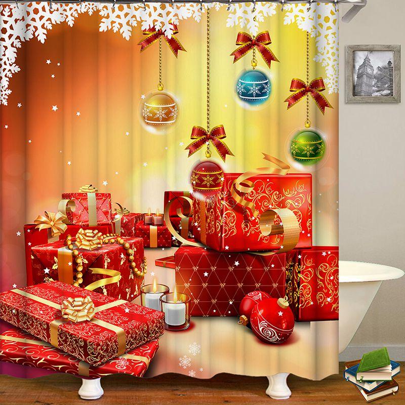 Festive Christmas Gift Boxes In Snow Shower Curtain Waterproof Fabric With Hooks