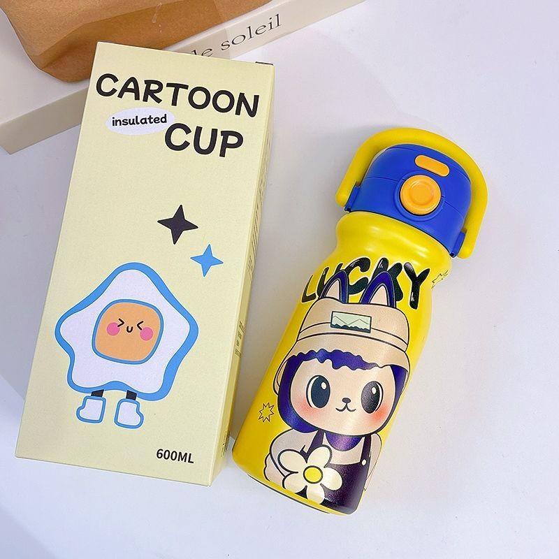 Erdbeerpudding-Cartoon-Isolierbecher (600 ml) mit auslaufsicherem Deckel für Kinder und Schüler
