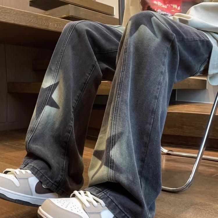 Unisexové korejské džíny ve stylu street-style s tmavou hvězdou a elastickým pasem - Trendy, volného střihu, s rovnými nohavicemi na jaro a podzim