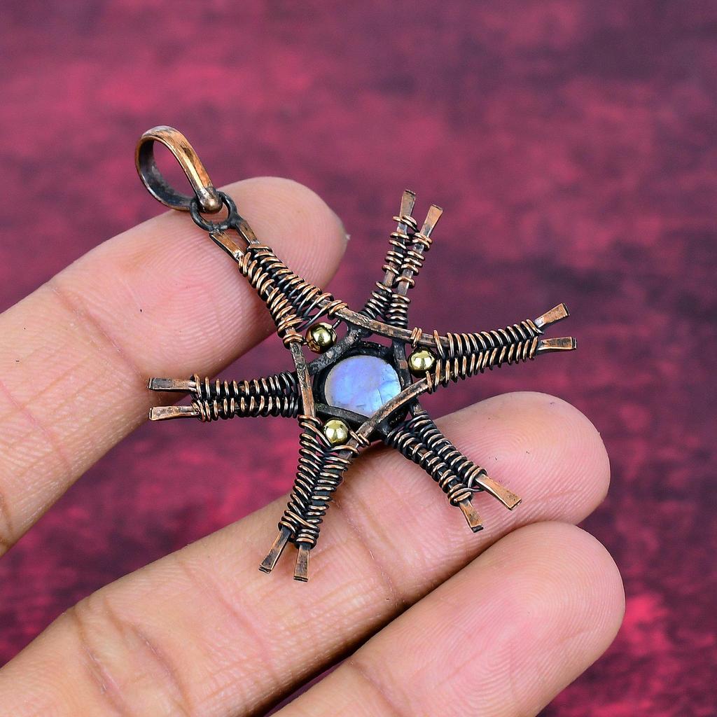 Rainbow Moonstone Pendant Gemstone Star Pendant Copper Wire Wrap Antique Pendant