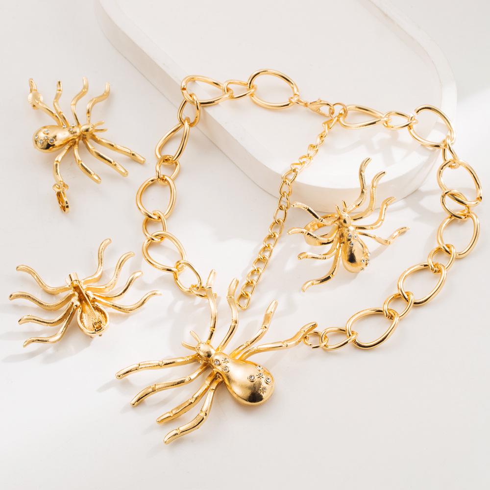 Trendy Spider Rhinestone Jewelry Set: Earrings, Necklace, Brooch, Ring