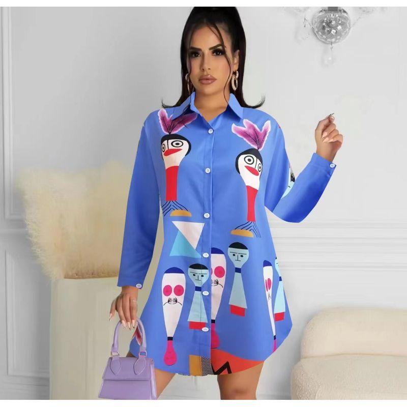 

European and American Cartoon Character Fashion Print Mid Length Long Length Polo Collar Single-Breasted Loose Casual Mid-Length Top Shirt for Women Color 3 M