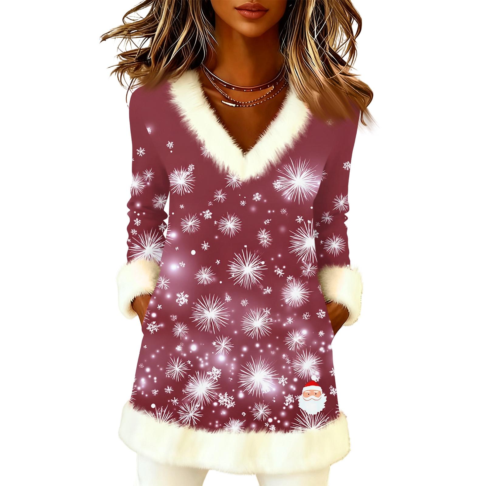 

Women s Christmas Fashion Plush V-Neck Pullover Printed Long-Sleeved Top XL винный