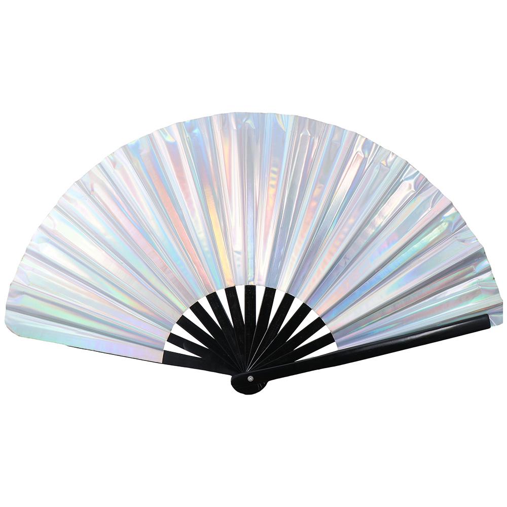 

Silver Laser Rave Hand Fan,Large Folding Hand Rave Fan,Laser Film Bamboo Fan,Clack Handheld