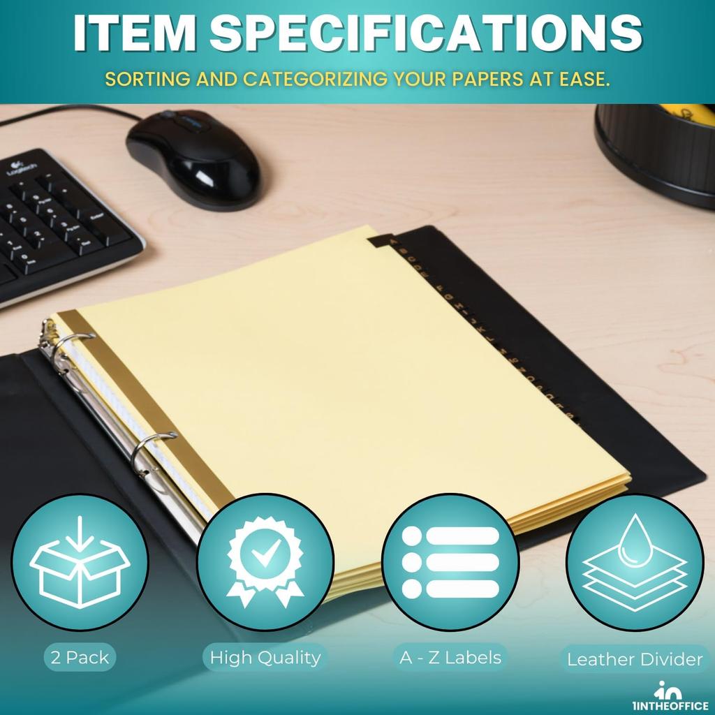 1InTheOffice A-Z Tab Dividers, Alphabet Dividers for 3 Ring Binder, 3 Ring Binder Dividers with Tabs, Leather Tabs, 8 1/2" x 11", 25 Tabs, Black (2