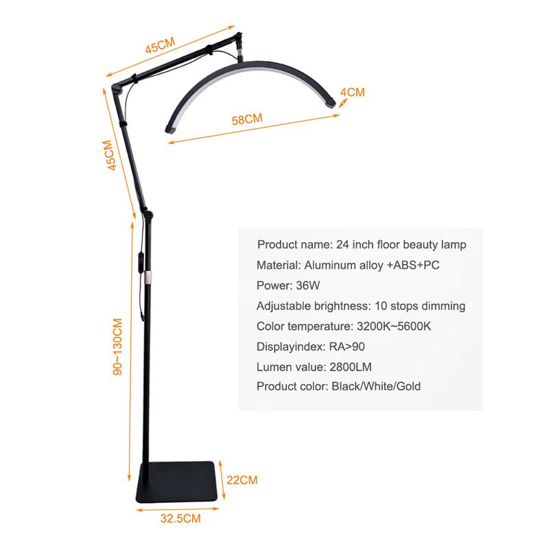 23-Inch Gold Cantilever Half-Moon Lamp, 36W, 3 Color Modes for Eyebrow, Tattoo, Manicure, U-Shaped Eyelash Extension