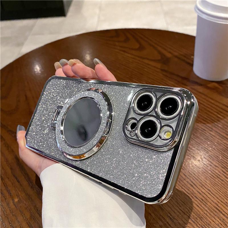 Apple 16 Magnetic Mirror Stand Case: Electroplated Glitter, Full Coverage for iPhone 15/17 Pro Max.