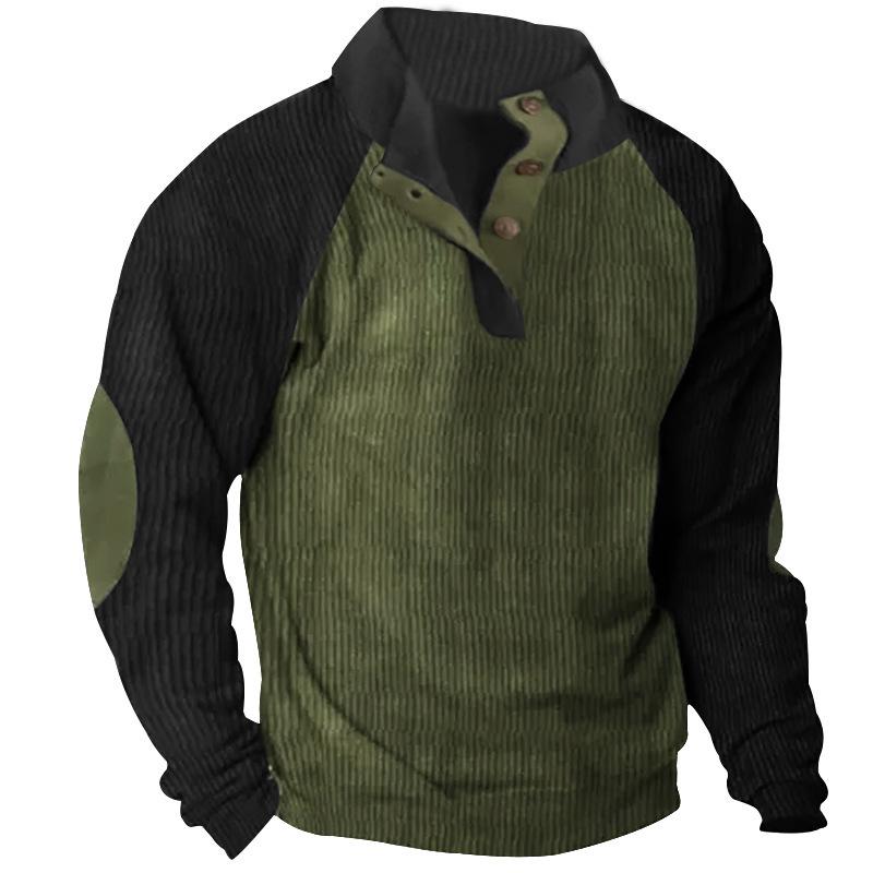Men's Corduroy Color Block Stand Collar Hoodie - Casual Long Sleeve Top for Spring and Autumn