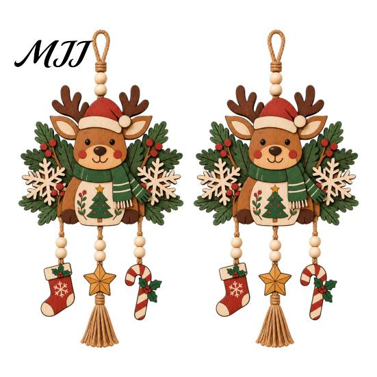 Handmade Holiday Ornaments Christmas Reindeer Hanging Ornament, Wooden Deer Decoration with Stocking Star Candy Party Supplies Cane Charms,