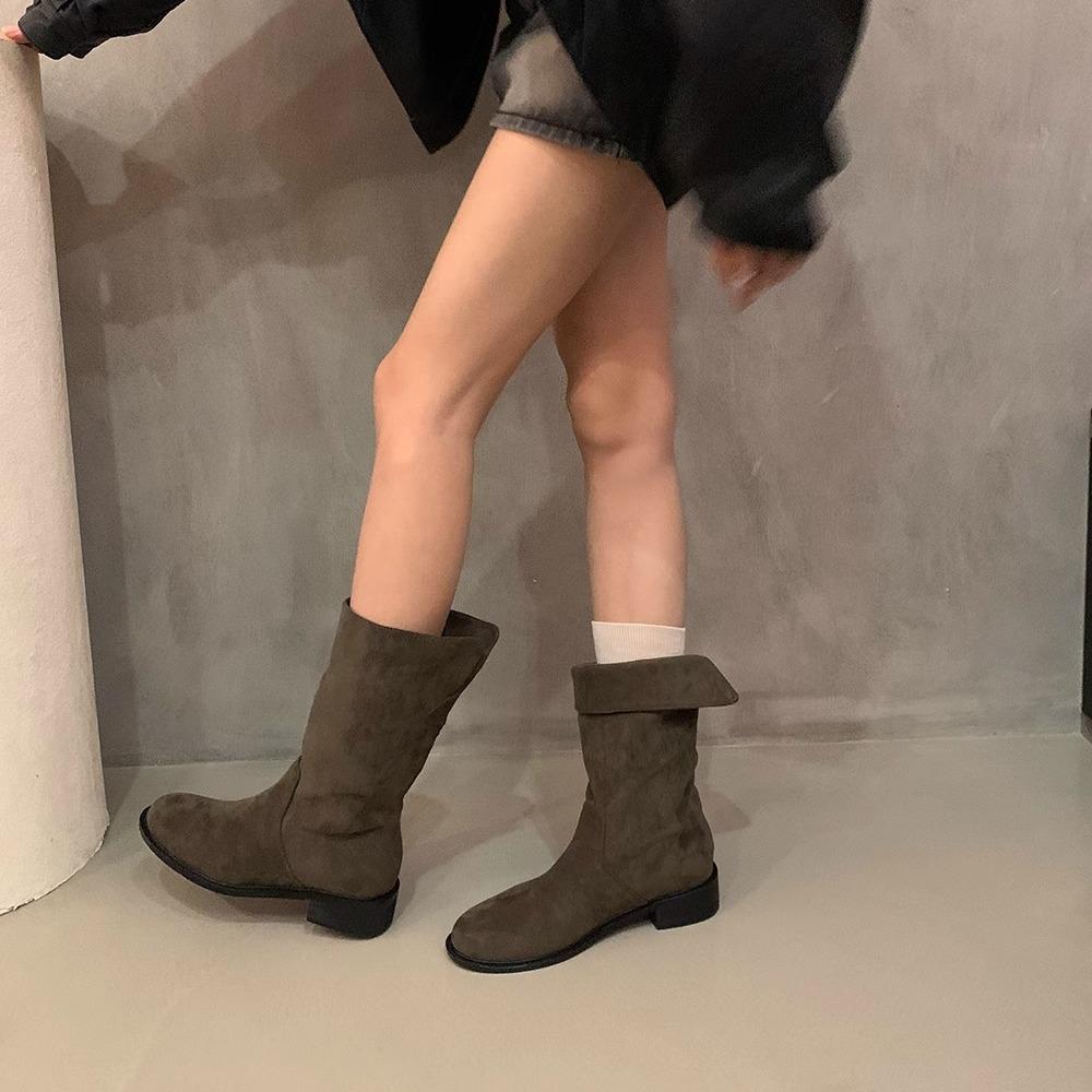 

2024 autumn and winter new western stacking boots medium tube thick heel pointed pleated cowboy boots versatile square head sleeve 35 темно-коричневого