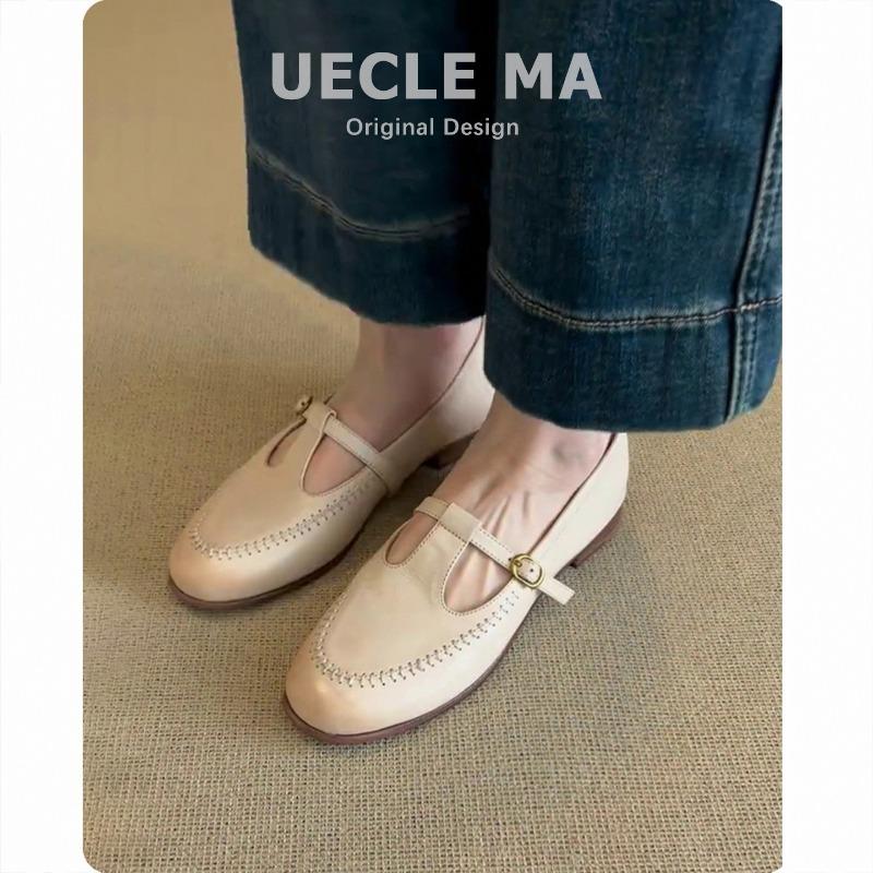 Sheepskin~ Single Shoes Women's Shallow Mouth Flat Bottom Versatile Hollow T-band with Skirt Retro Mary Jane Shoes