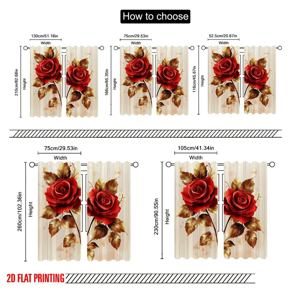 2pcs,2D Plane Printing Print Curtains Golden Roses Durable Polyester (without Rod) Versatile All Ldeal for Living Room, Bedroom,
