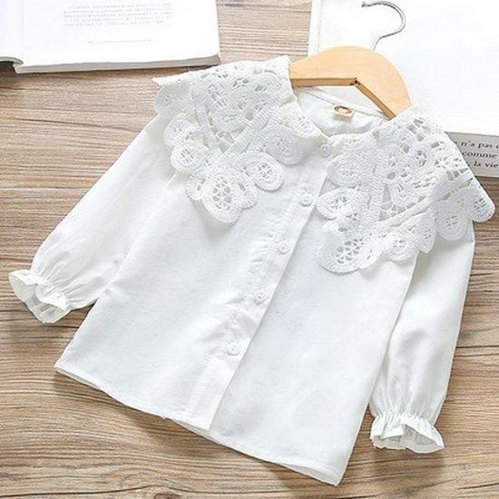2022 Girls' Long Sleeve Lace White Shirt - Casual Spring Toddler & Student Apparel