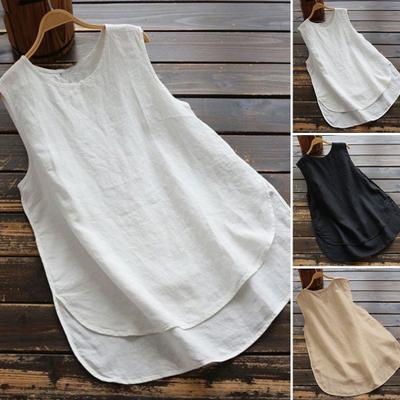 Women Casual Vest Round Neck Sleeveless Solid Color Loose Fit Tank Tops