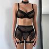 4PCS/set Sexy Bra Set Women Fashion Mesh Underwear See-Through Choker Bra Garter Belt Thong Suit GZW
