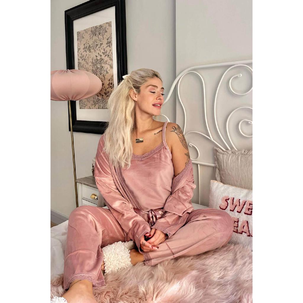 Burgundy Claret Exclusive Velvet Women's Pajama Set With Robe