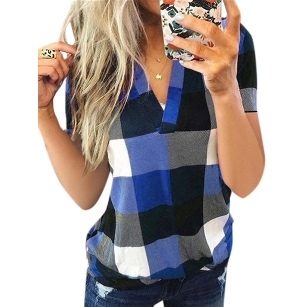 Women T Shirt V Neck Short Sleeve Top Plaid Print Casual Blouse
