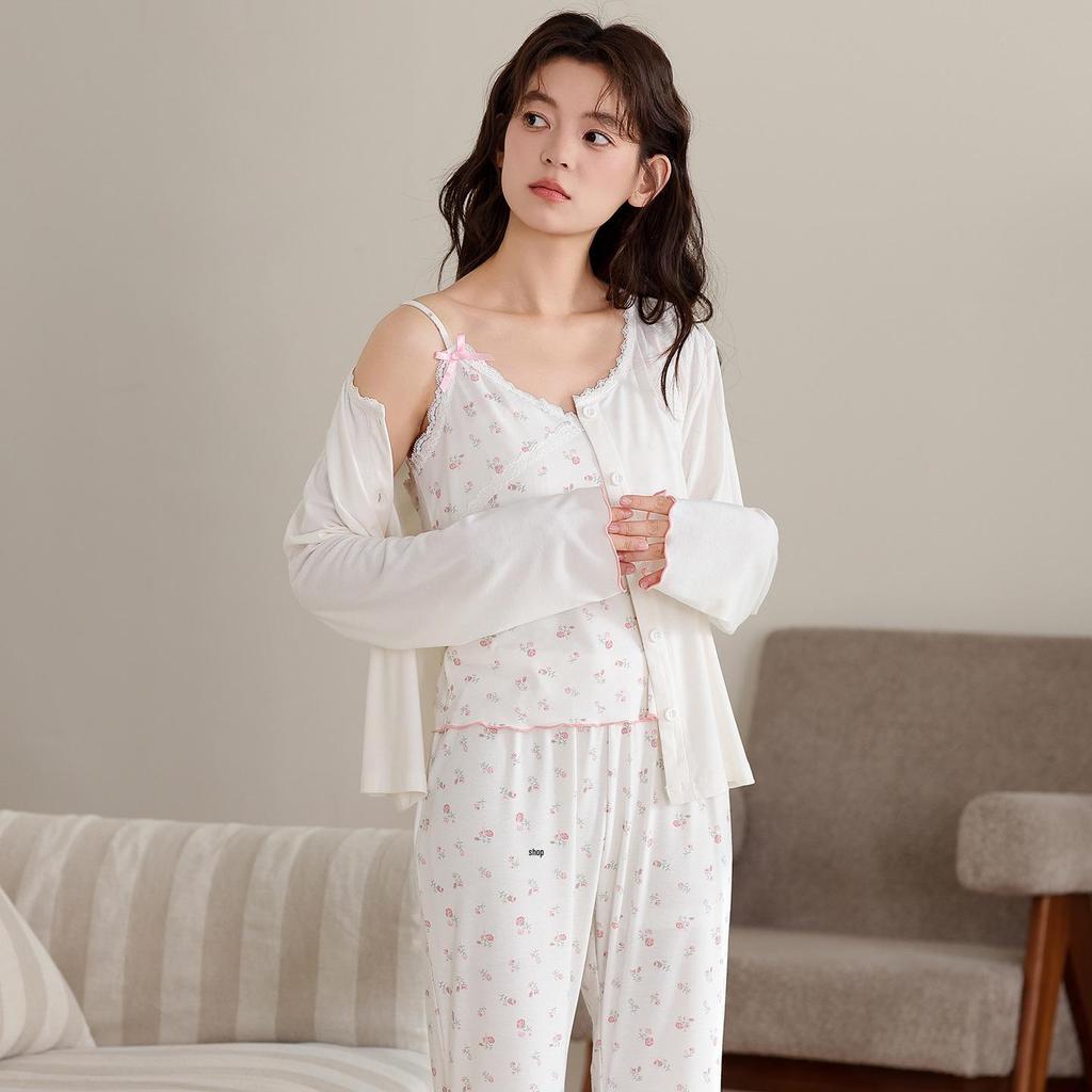 Women's Antibacterial Modal Three-Piece Set: Camisole, Long Sleeve Top, Long Pants - Spring/Autumn Homewear or Outerwear