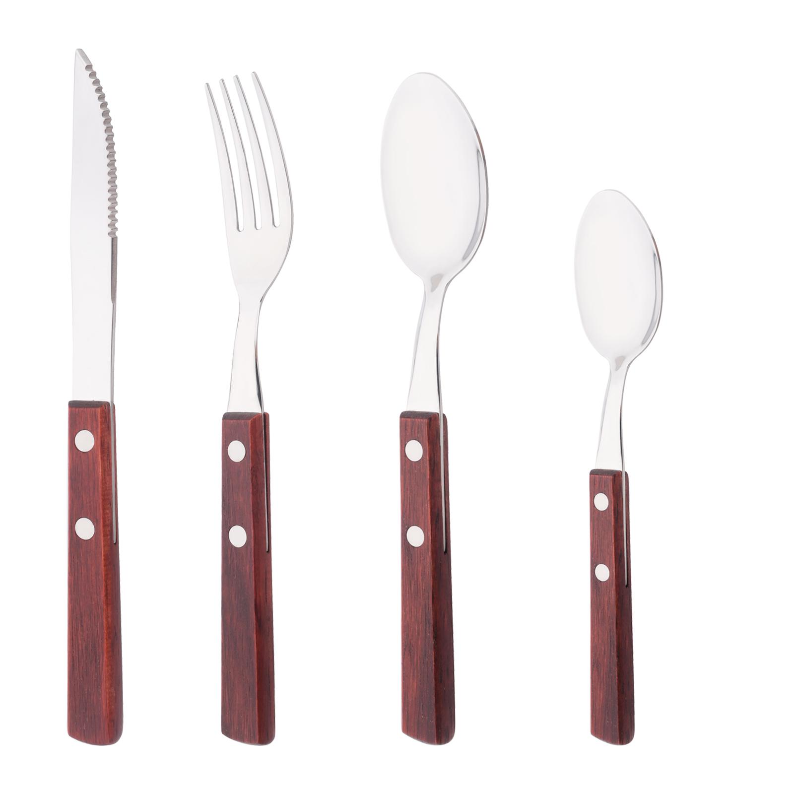 

4 шт./компл., набор столовой посуды из натуральной деревянной ручки, набор столовых приборов из нержавеющей стали 304, нож для стейка в стиле вестерн, ложка, вилка, чайная ложка, кухонная посуда коричневый