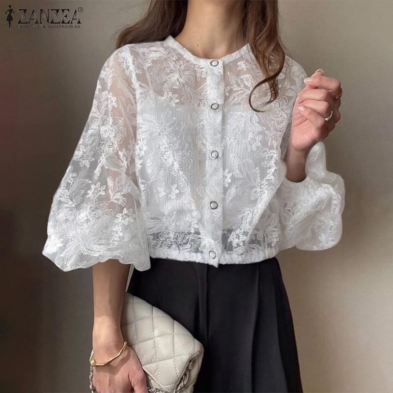 

ZANZEA Women Prspective Casual Long Sleeve Hollow Lace Cover Up Blouse 5XL рожевий